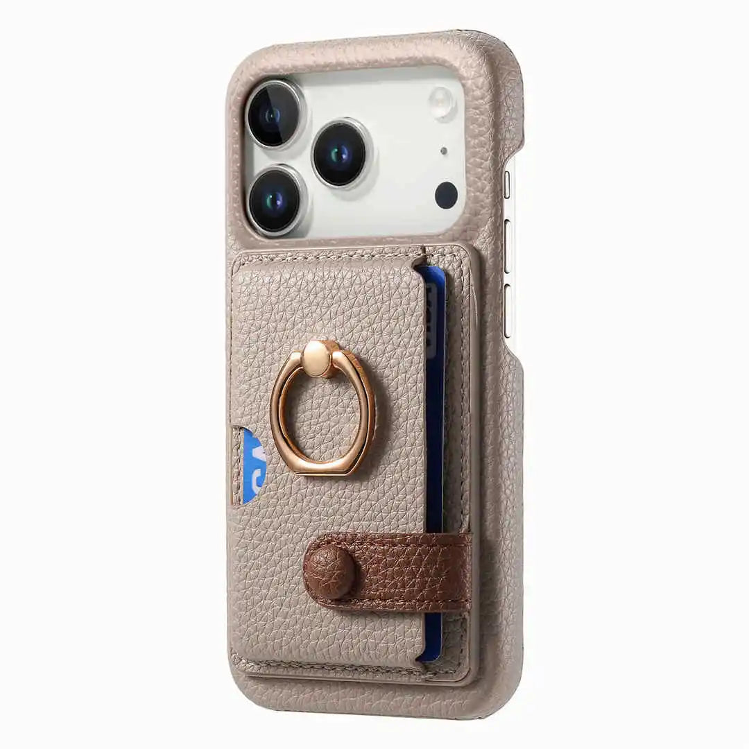 Khaki wallet phone case with ring on a white background