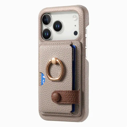 Khaki wallet phone case with ring on a white background