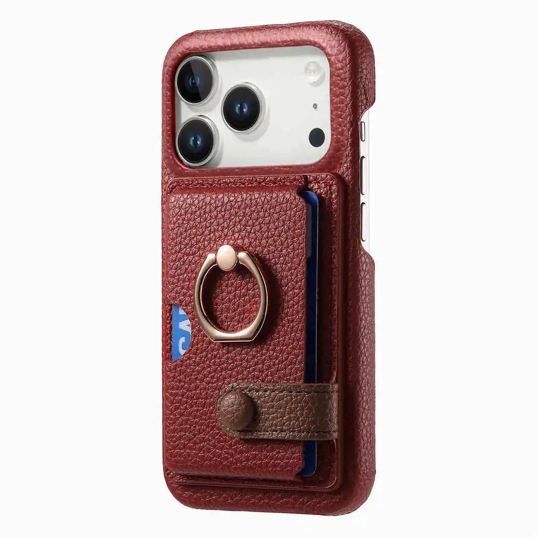 Red wallet phone case with card holder and ring stand on a white background