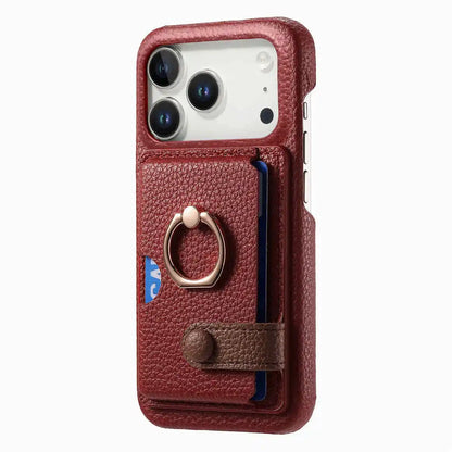 Red wallet phone case with card holder and ring stand on a white background