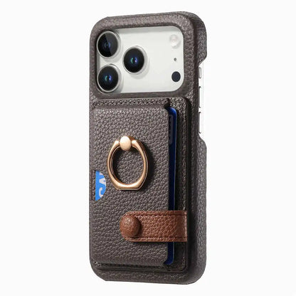 Gray wallet Phone case with a ring holder and card slots on a white background