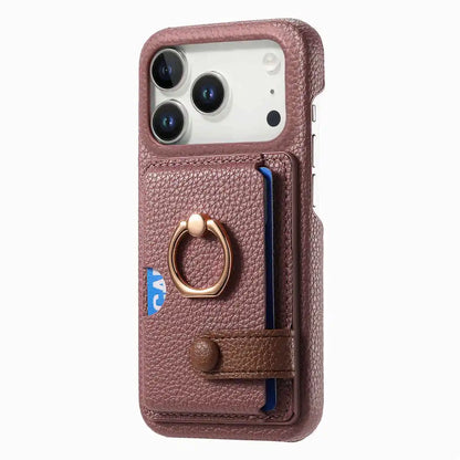 Dusty rose wallet phone case with card holder and ring stand on a white background