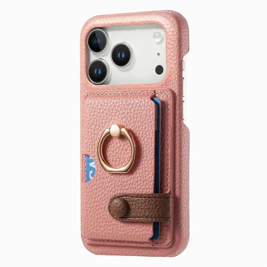 Pink phone case with card holder and ring stand on a white background