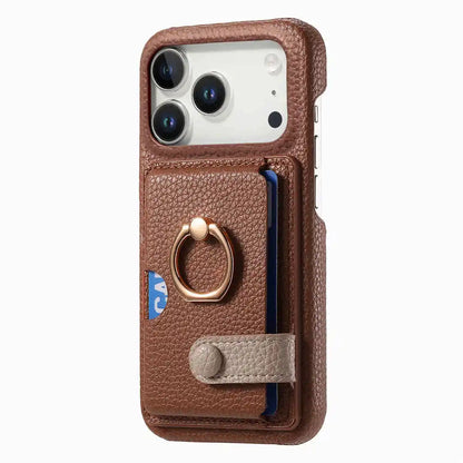Brown leather phone case with card holder and ring stand on a white background