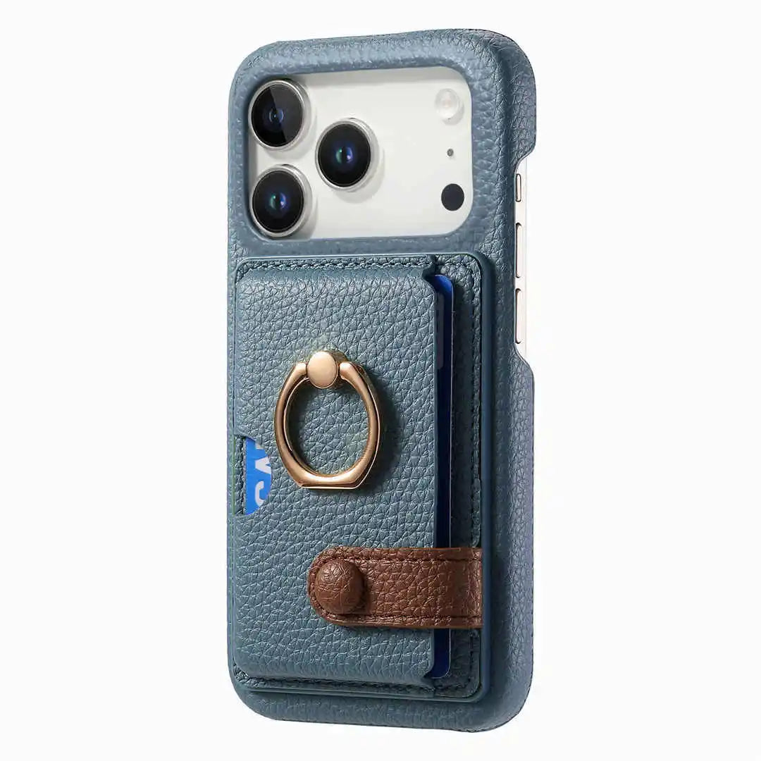 Navy Blue phone case with card holder and ring stand on a white background