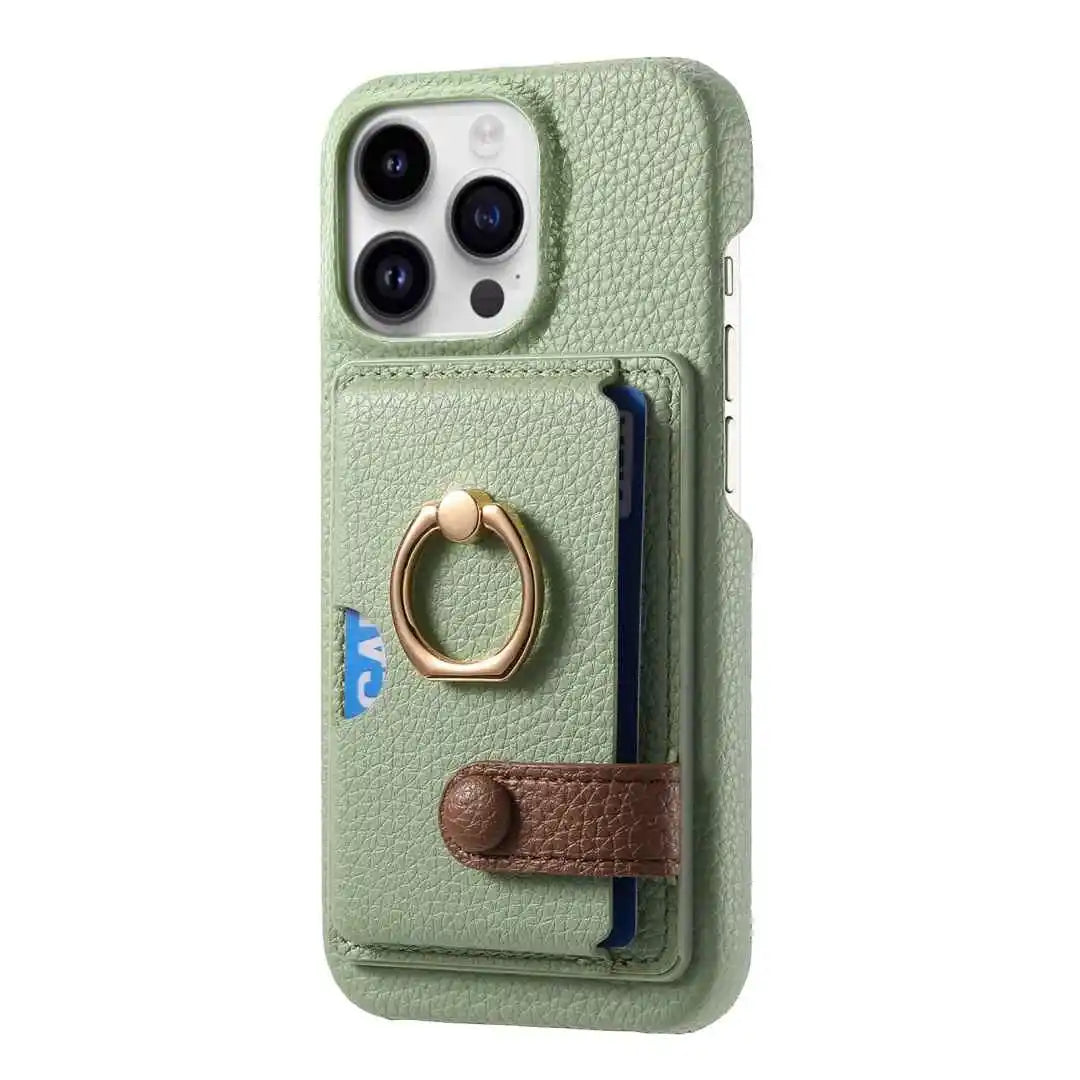 Green iphone 16 pro case with card holder and ring stand on a white background