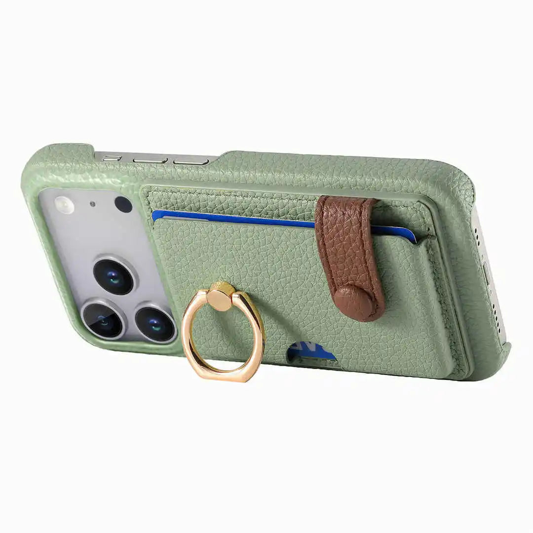 Green wallet phone case with card holder and ring stand on a white background