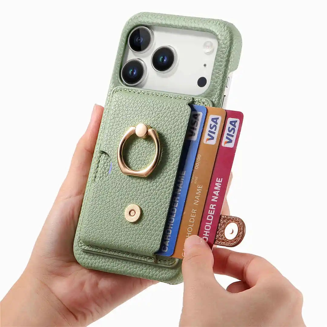 Green phone case with card holder and ring stand, held by a hand on a white background