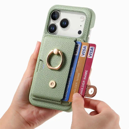 Green phone case with card holder and ring stand, held by a hand on a white background