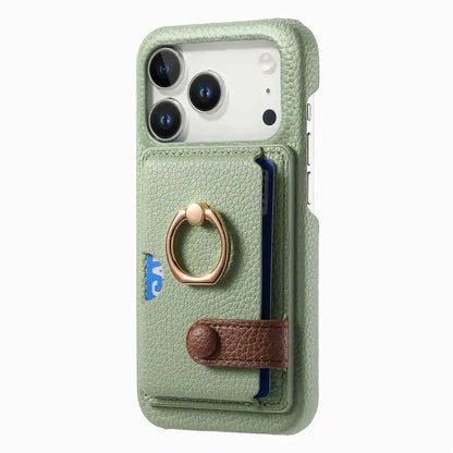 Green iphone 17 Pro wallet case with ring stand on a white background