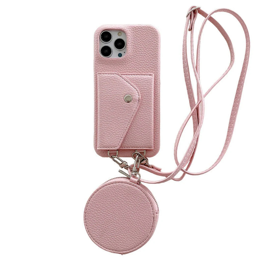 Pink wallet phone case with a detachable pouch and strap on a white background