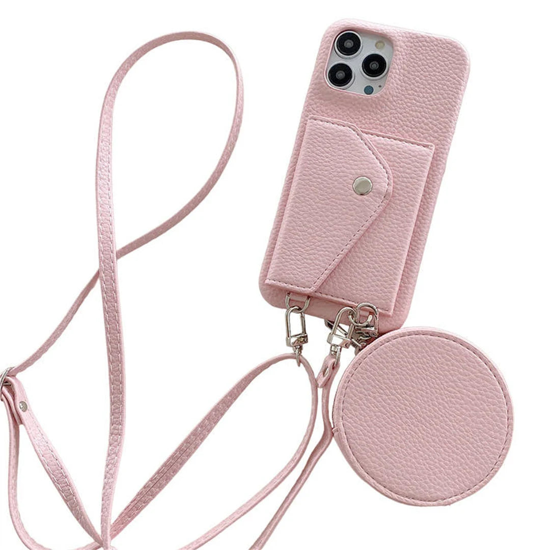 Pink phone case with a strap and cardholder on a white background