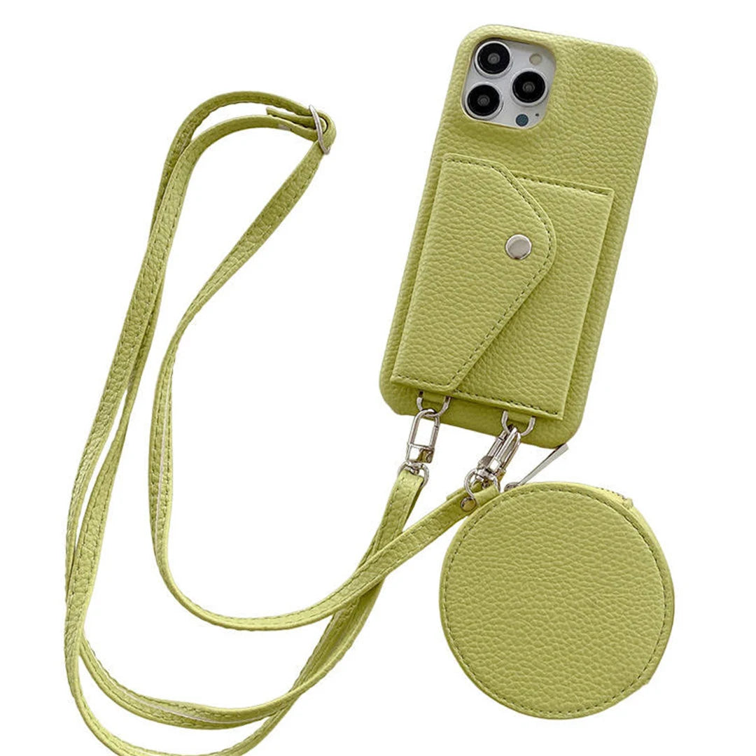 Lime Green phone case with neck strap and card holder on a white background