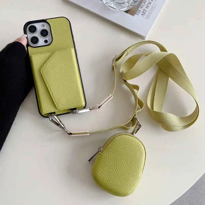 Lime Green wallet phone case with a strap and matching coin purse on a white surface