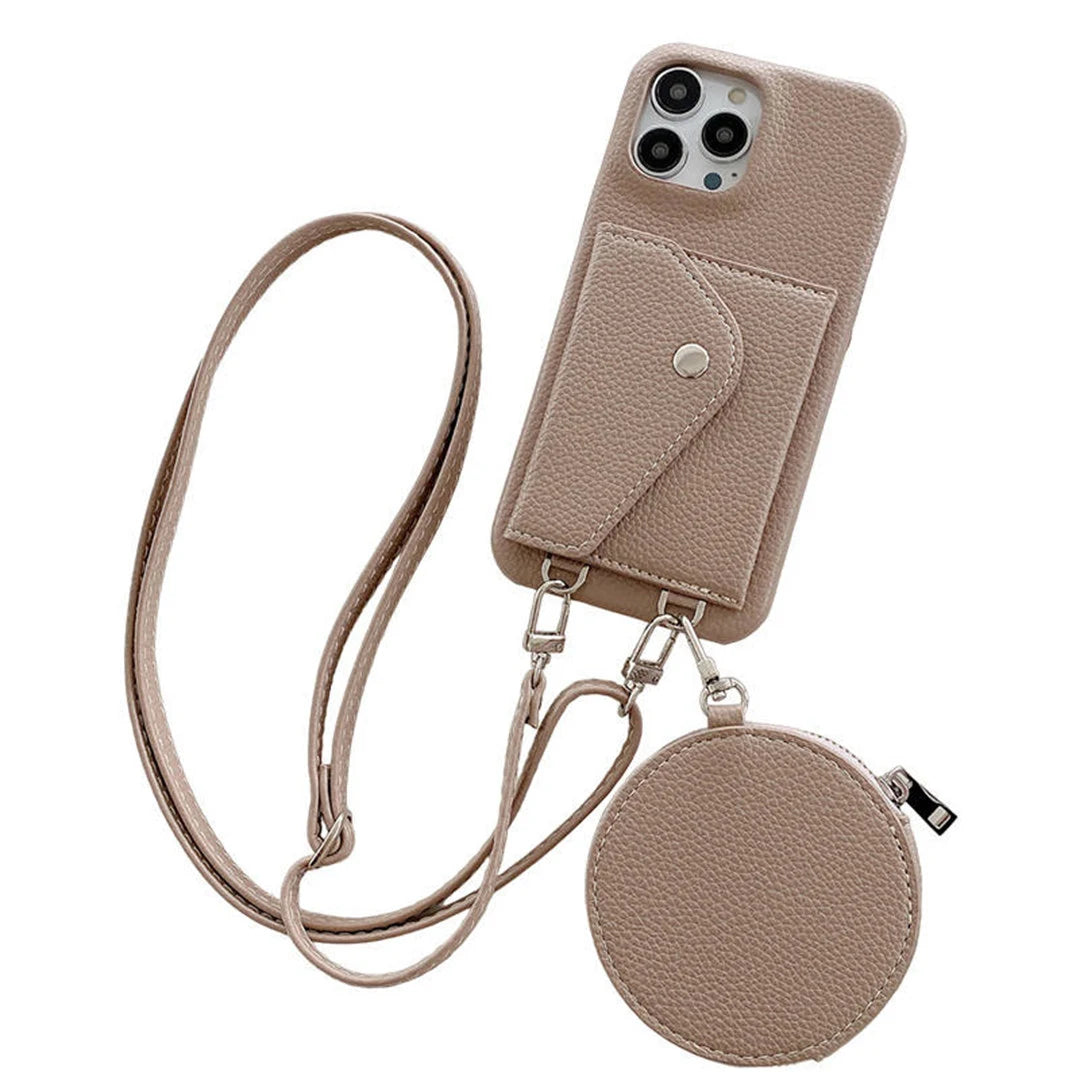 Taupe phone case with card holder and round pouch on a white background