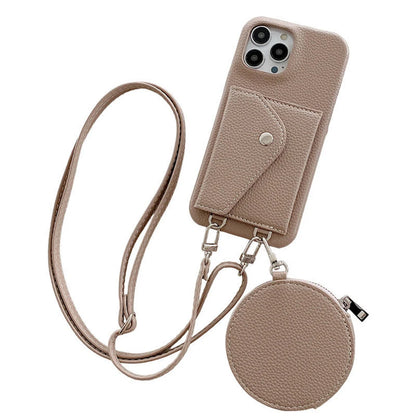 Taupe phone case with card holder and round pouch on a white background