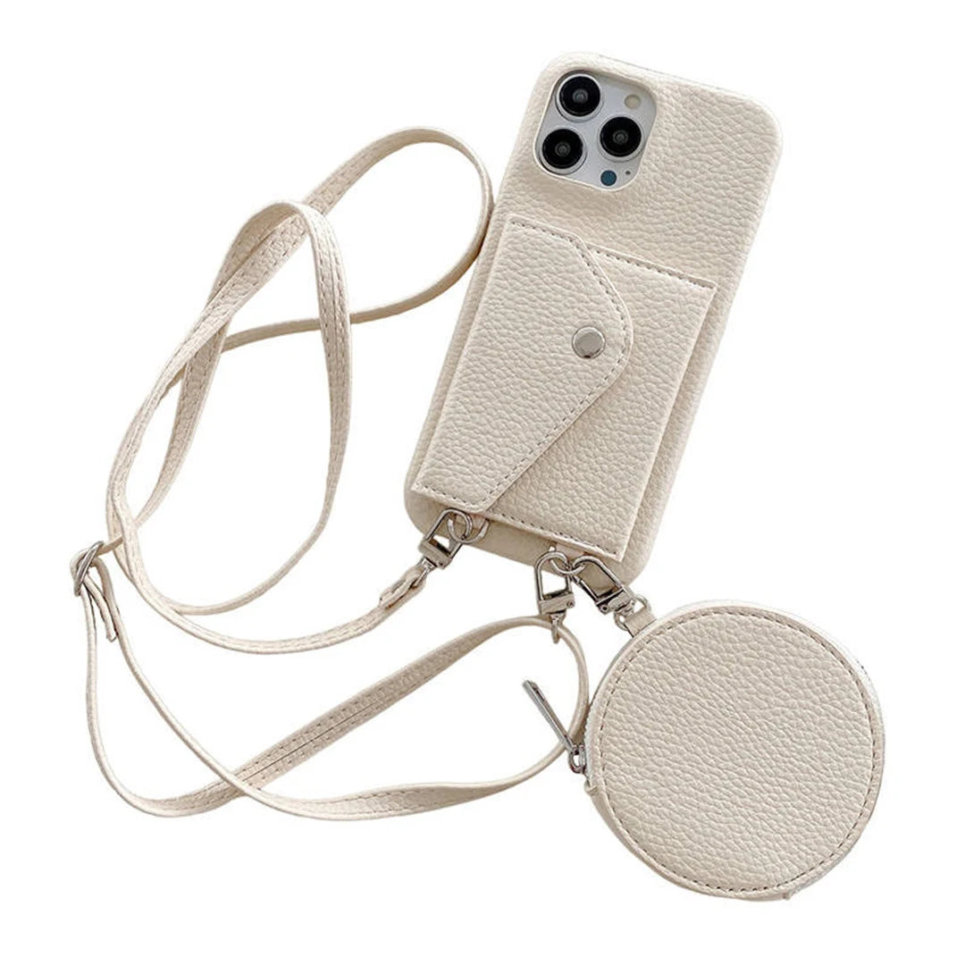 ivory wallet phone case with a strap and round pouch on a white background