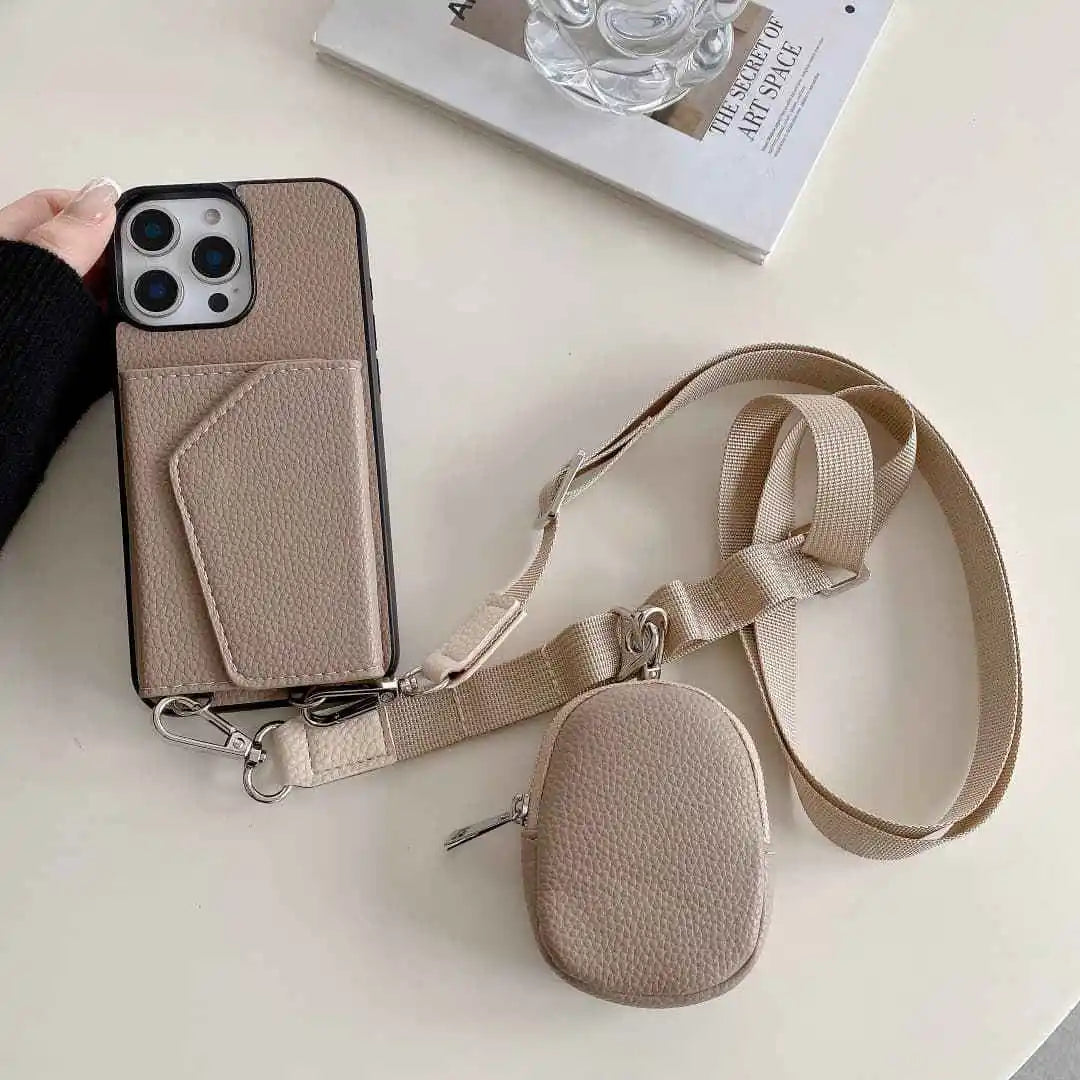 Taupe wallet phone case with crossbody strap on a white surface