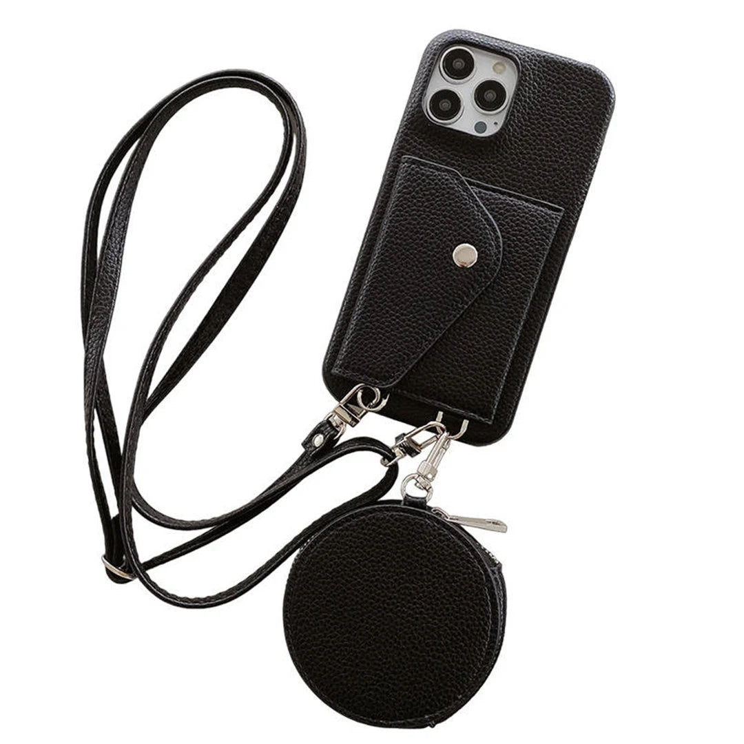 Black phone case with crossbody strap and coin purse on a white background