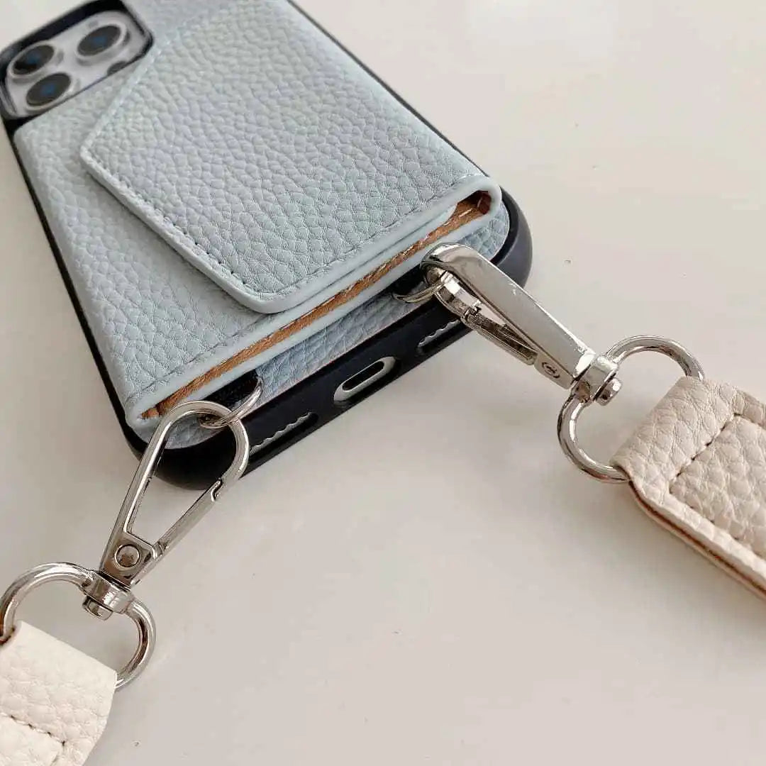 wallet Phone case with a detachable strap on a light background