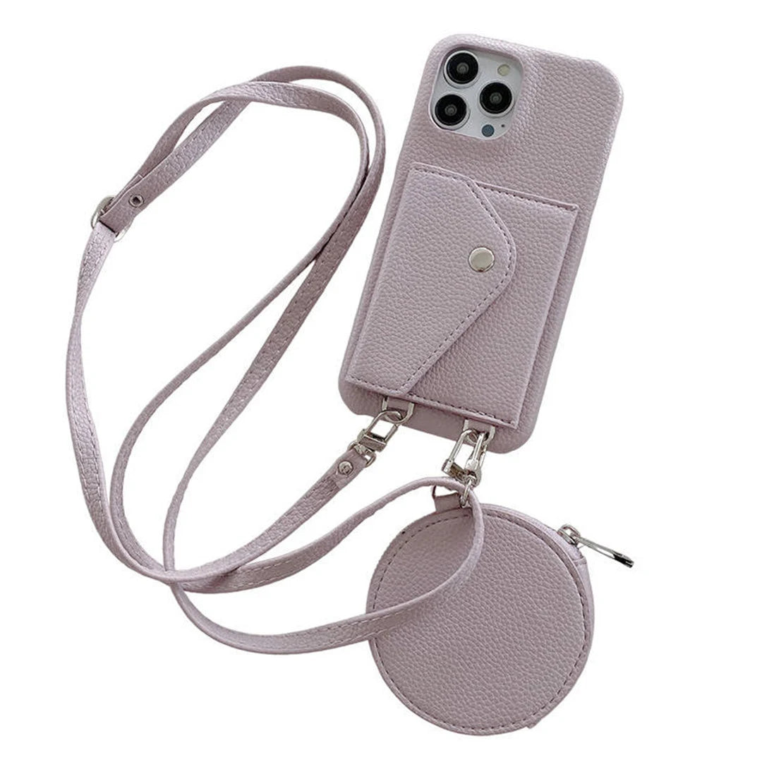 pastel purple phone case with a detachable strap and coin purse on a white background