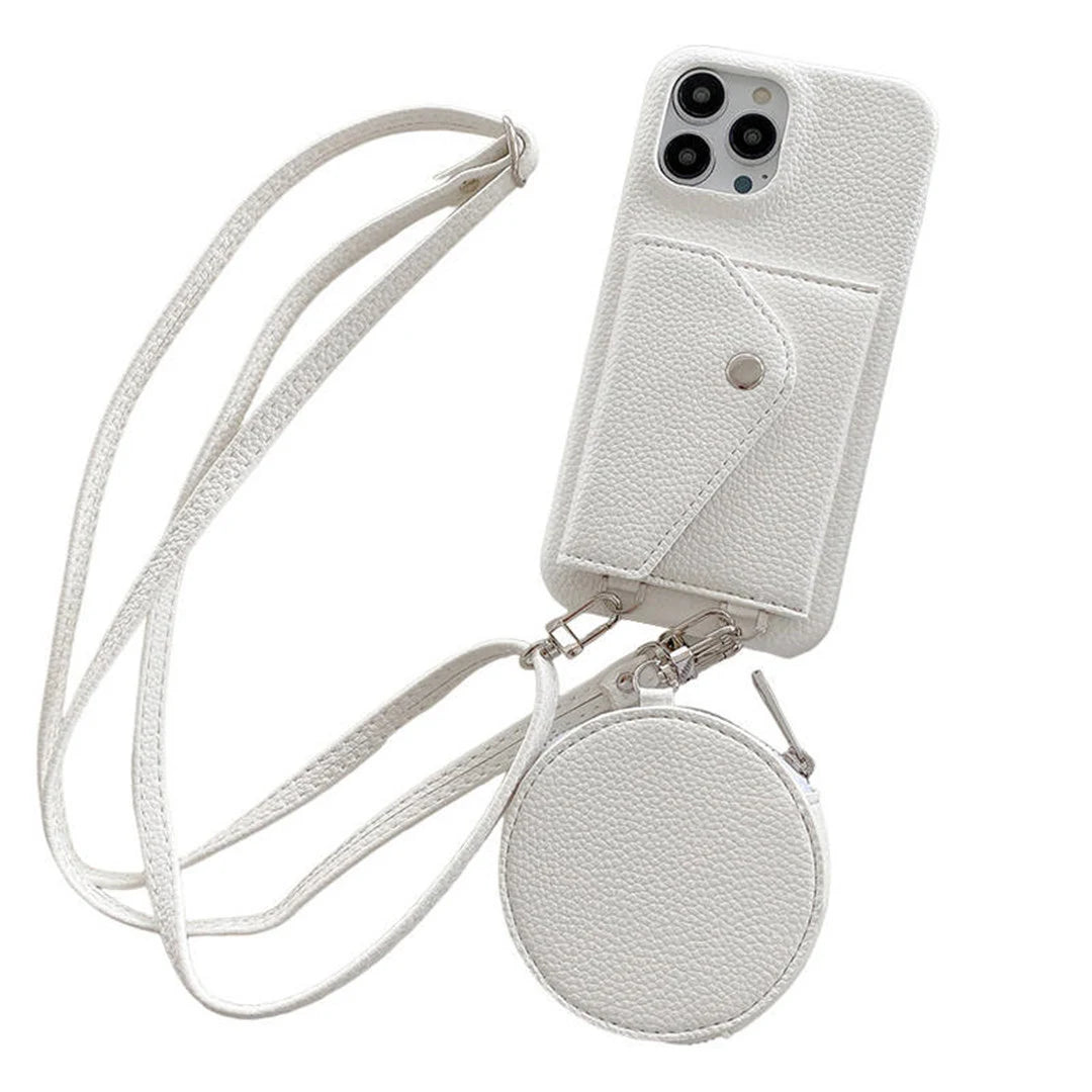 White phone case with a detachable strap and pouch on a white background