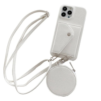 White phone case with a detachable strap and pouch on a white background