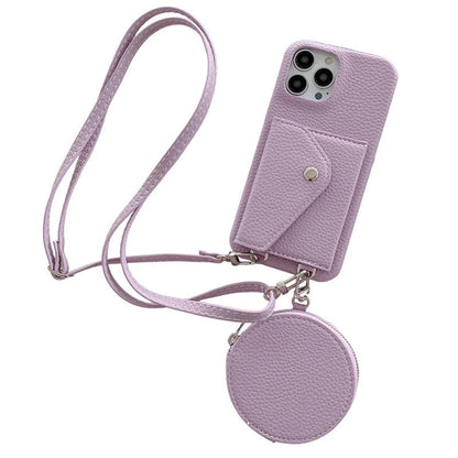 Lavender phone case with detachable strap and coin purse on a white background