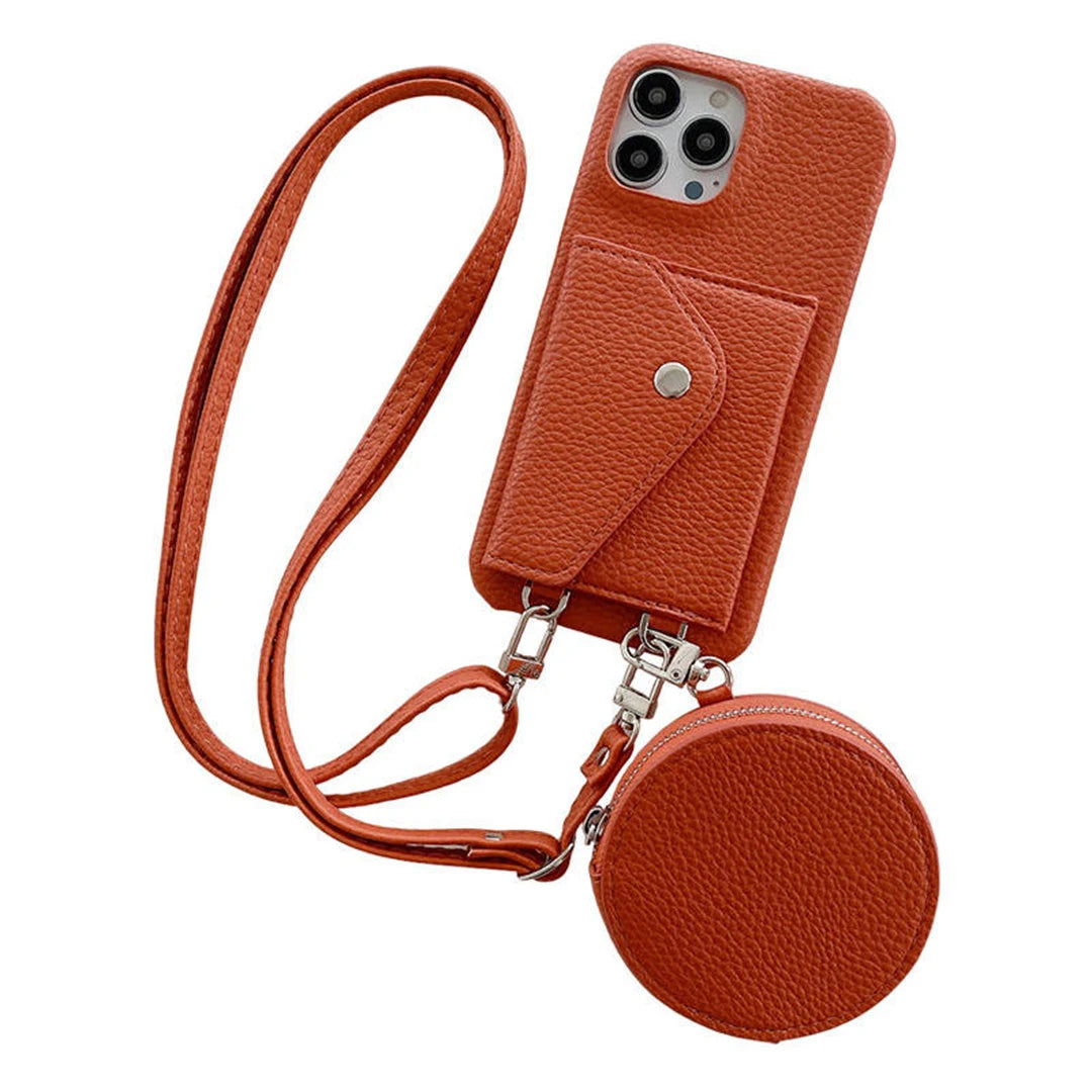 orange phone case with lanyard and detachable pouch on a white background