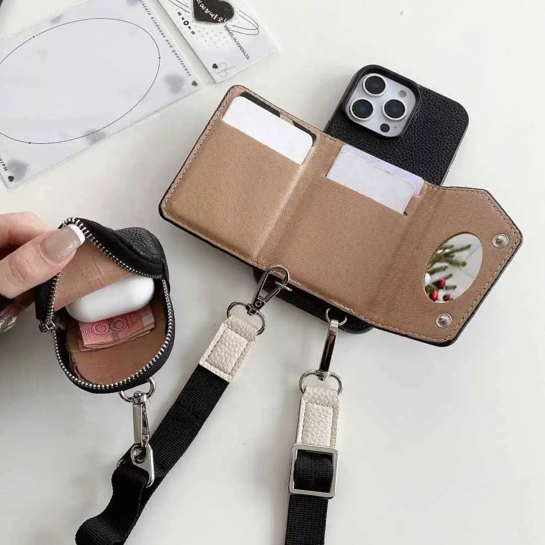 Multifunctional phone case with lanyard and pouch on a white background