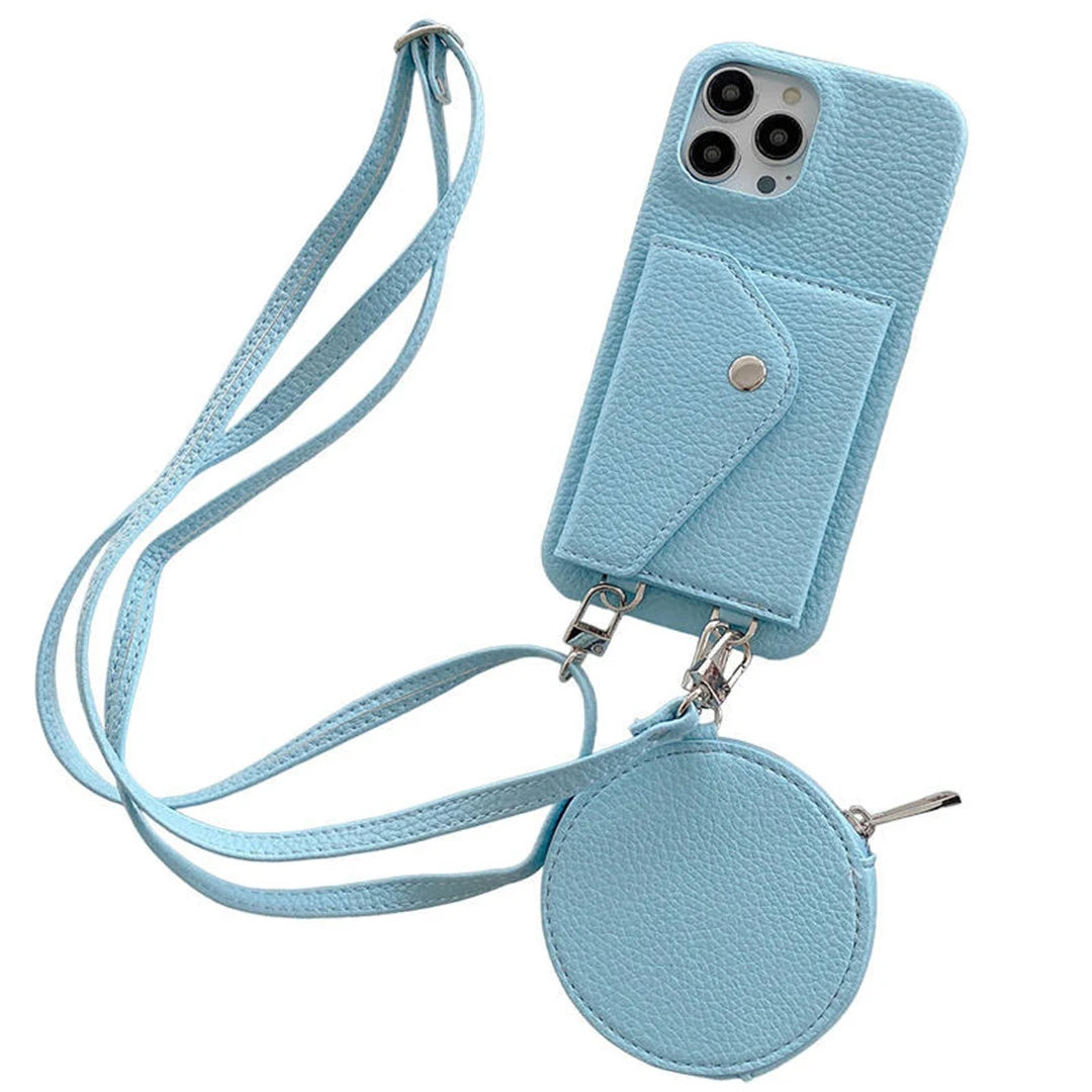 Blue phone case with lanyard and coin purse on a white background