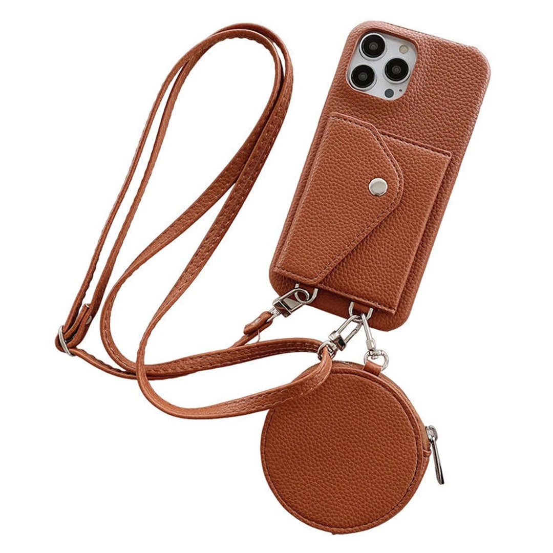 Brown leather phone case with neck strap and round pouch on a white background