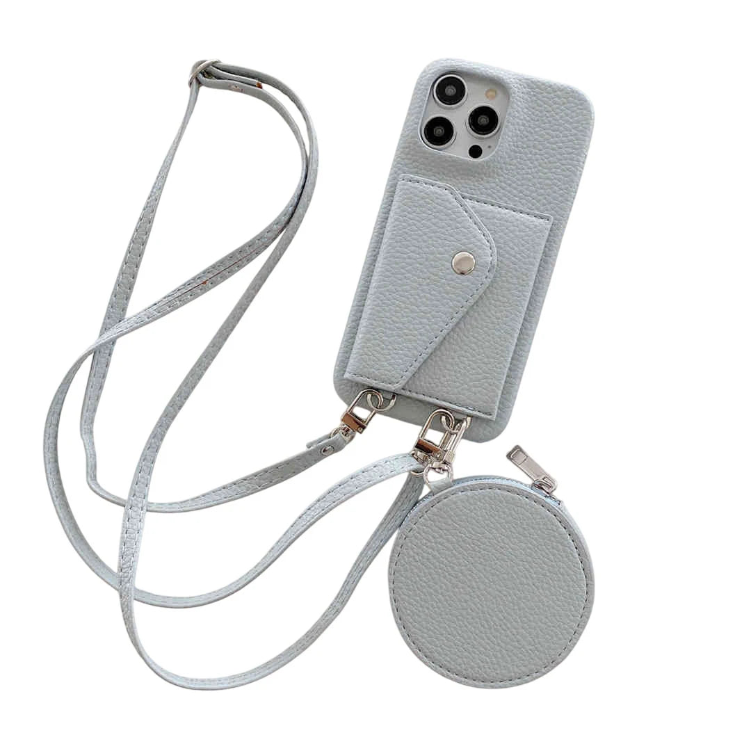 Dusty blue phone case with lanyard and card holder on a white background