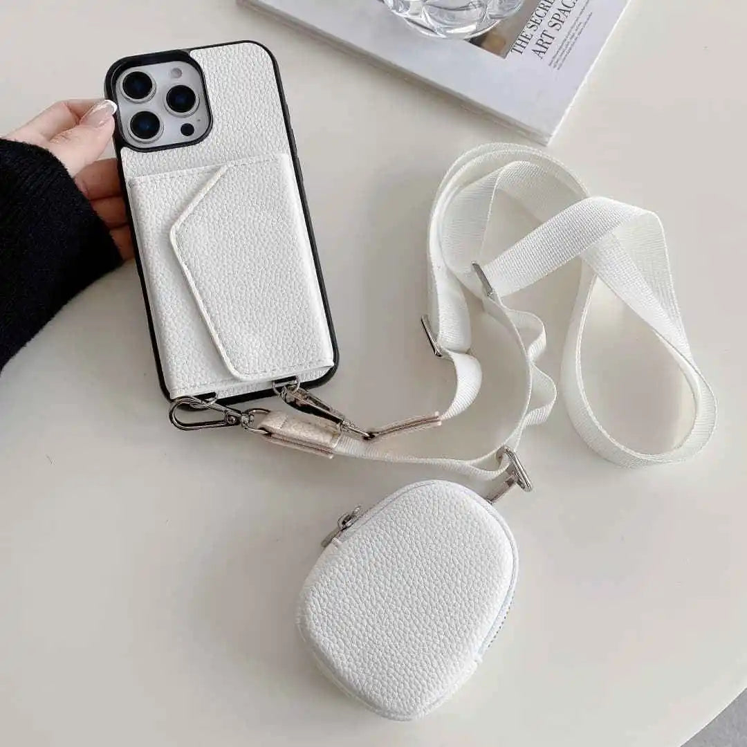 White crossbody phone case with card holder and detachable pouch on a white surface
