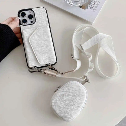 White crossbody phone case with card holder and detachable pouch on a white surface