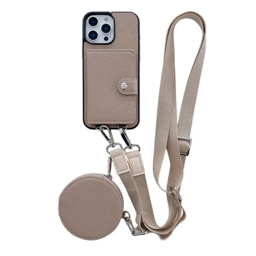 Beige wallet phone case with detachable strap and round pouch on a white background