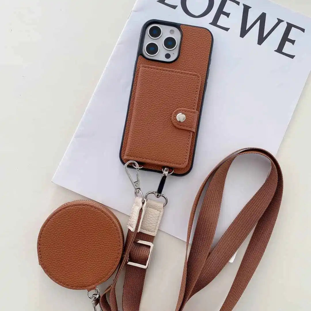 Brown wallet phone case with detachable strap on a white surface with 'LOEWE' branding.