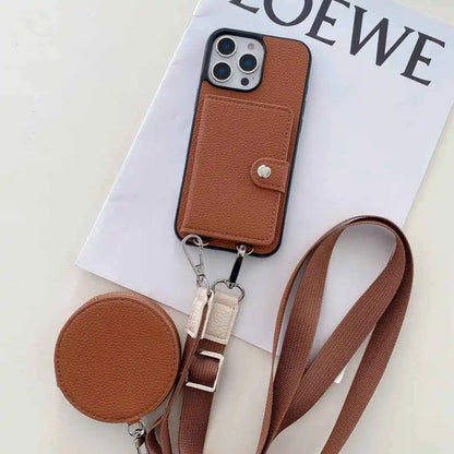 Brown wallet phone case with detachable strap on a white surface with 'LOEWE' branding.