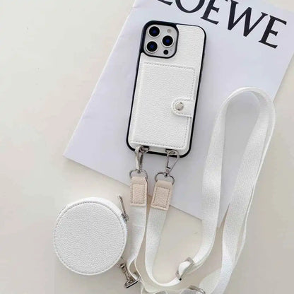 White walllet phone case with a strap on a white background