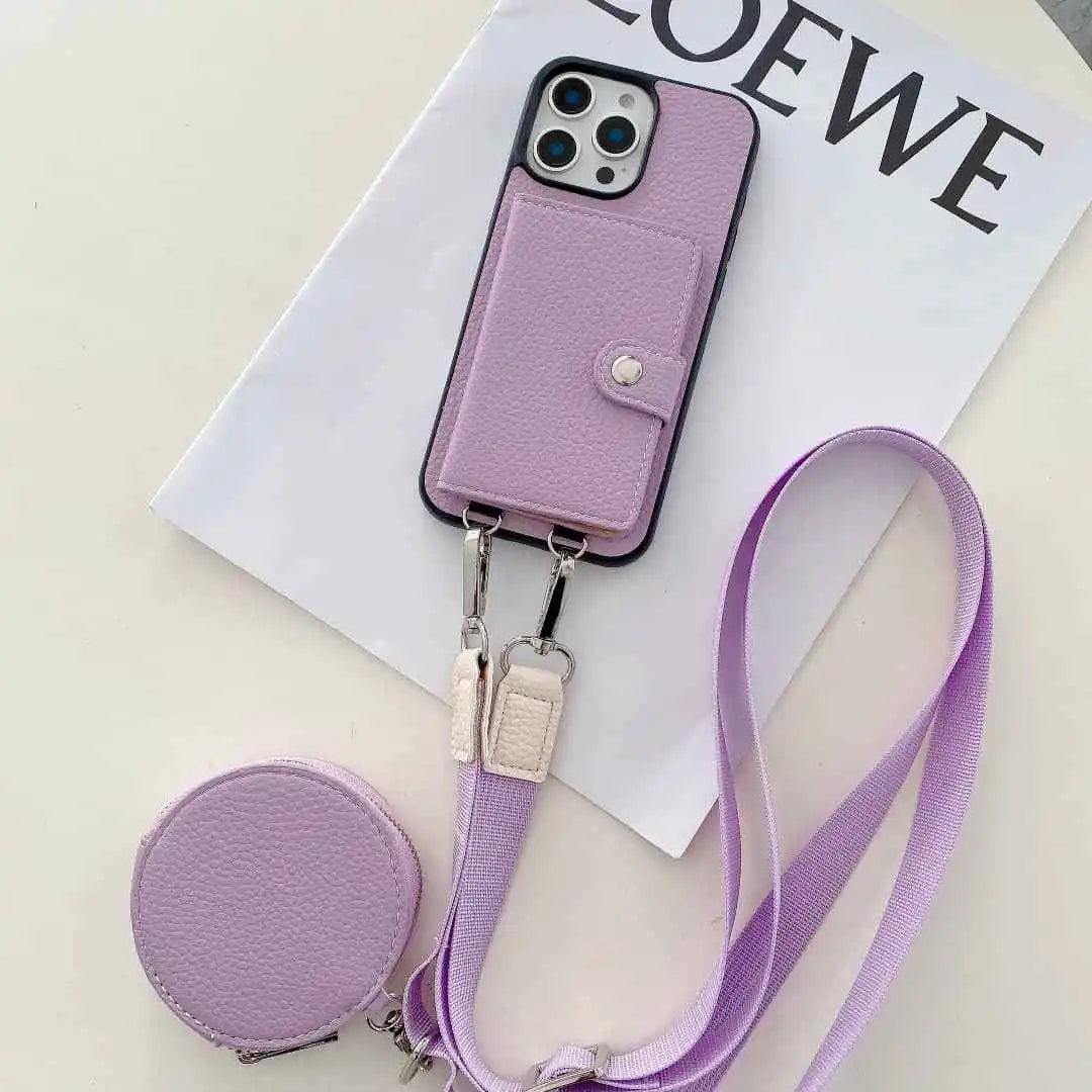 Purple wallet phone case with lanyard on a LOEWE magazine