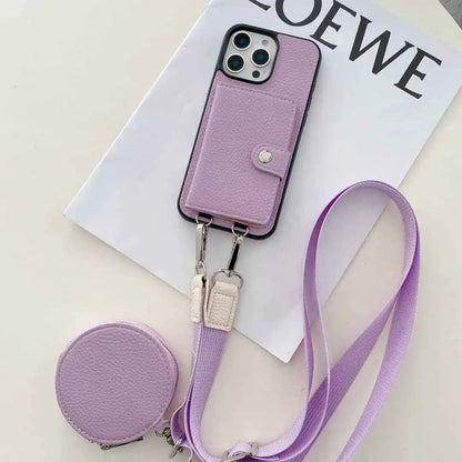 Purple wallet phone case with lanyard on a LOEWE magazine
