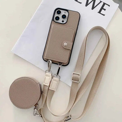 taupe wallet phone case with strap and small round pouch on a white surface