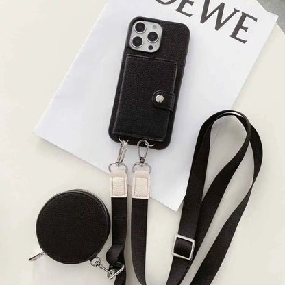 Black wallet phone case with lanyard and small round pouch on a white surface