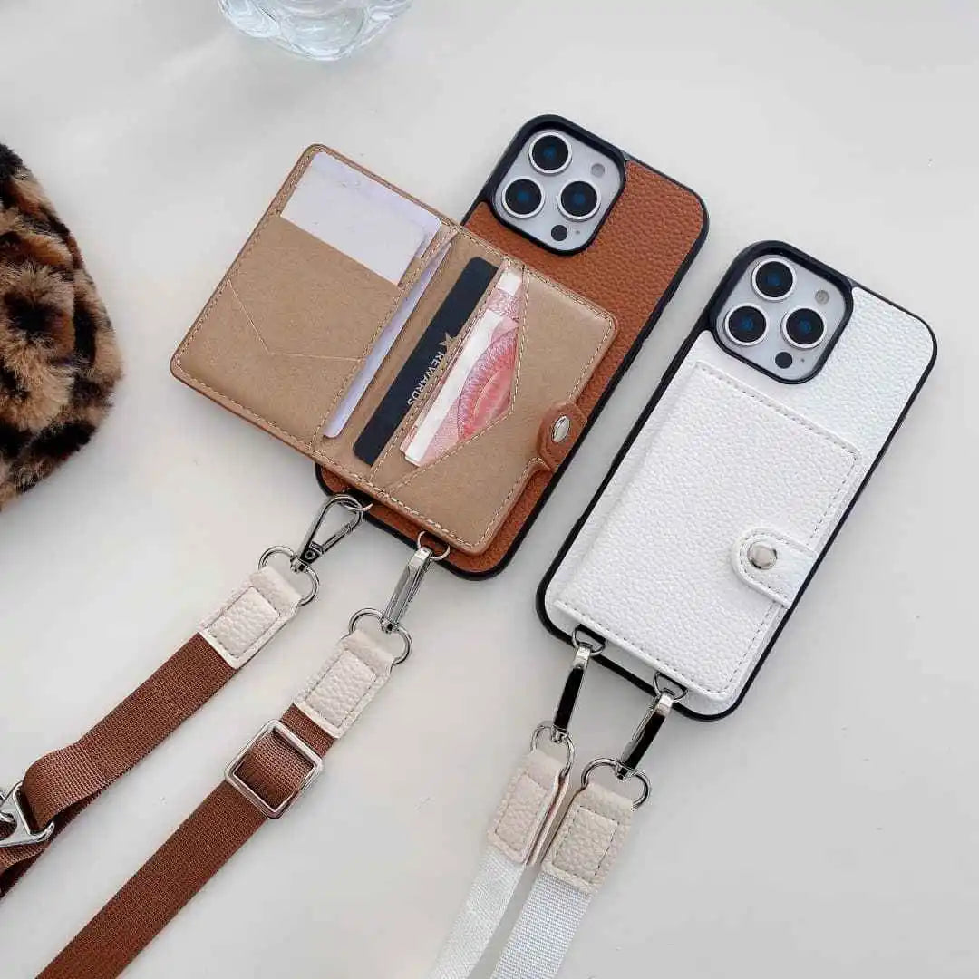 Two phone cases with straps on a light background