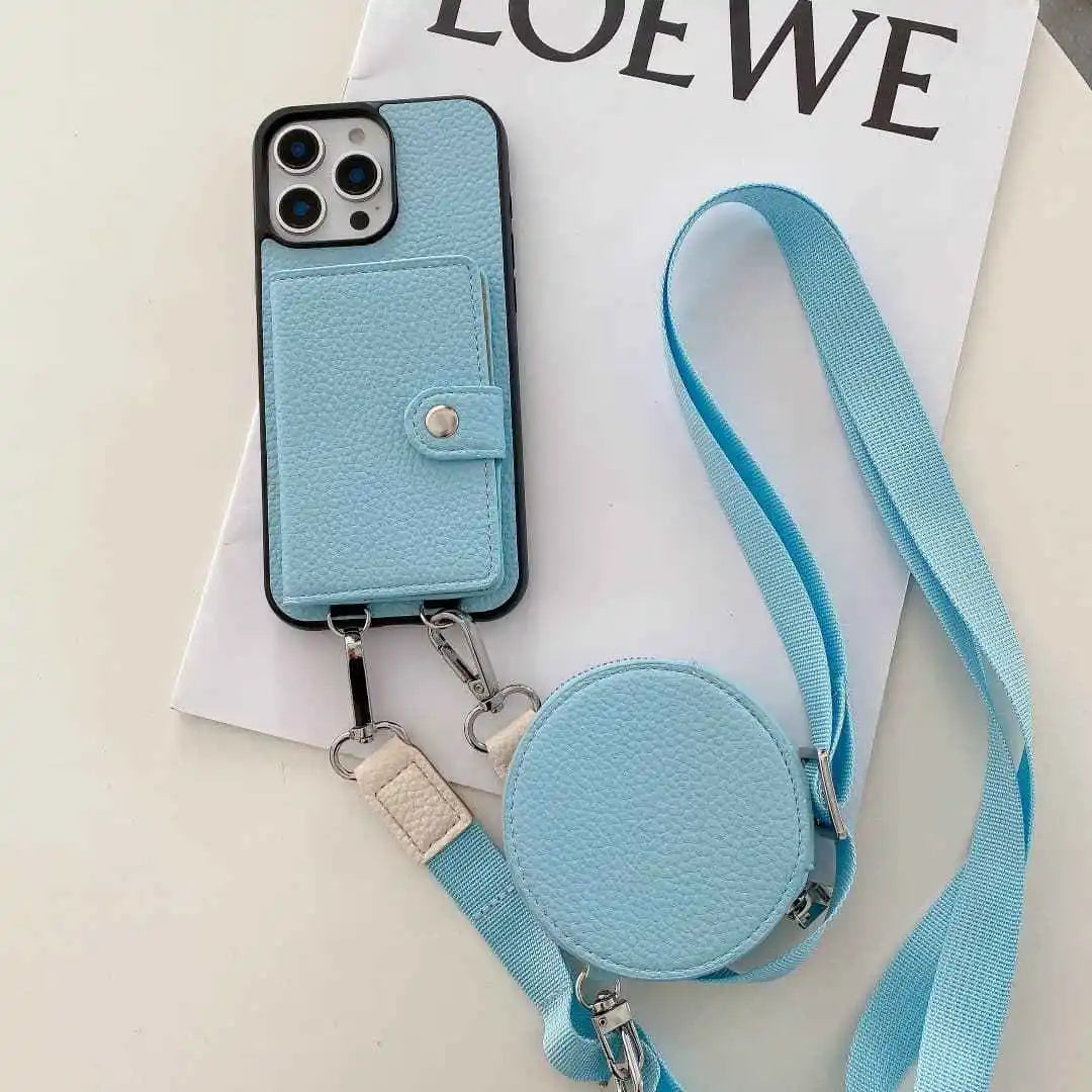 Light blue phone case with detachable strap on a white surface