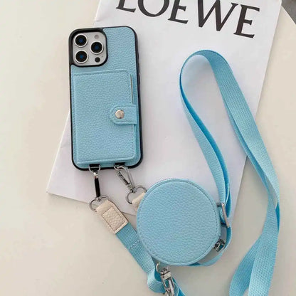 Light blue phone case with detachable strap on a white surface