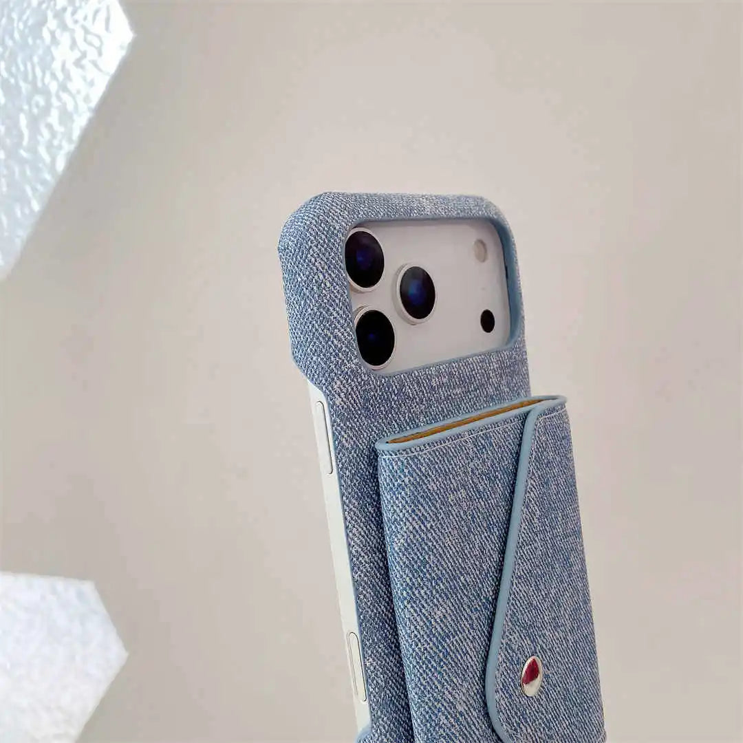 Phone case with denim design on a light background