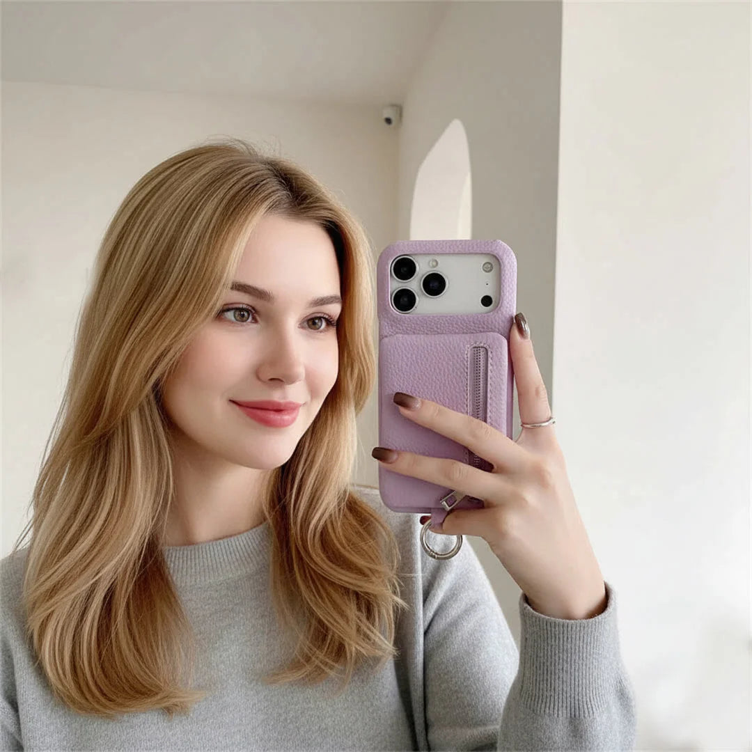 Woman holding a purple phone case with a white background