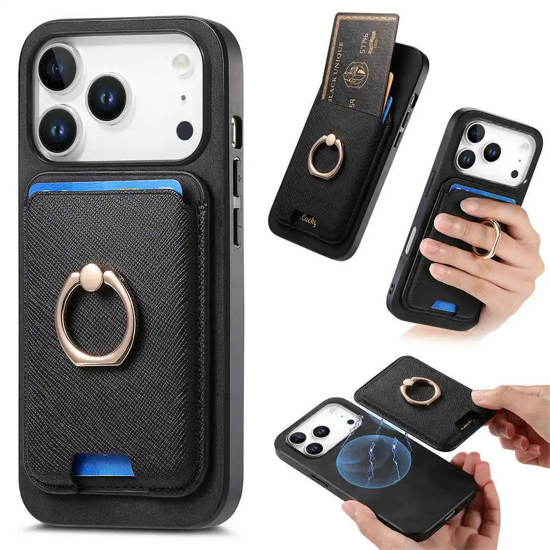 Black phone case with ring holder and magnetic card slots, shown from multiple angles.