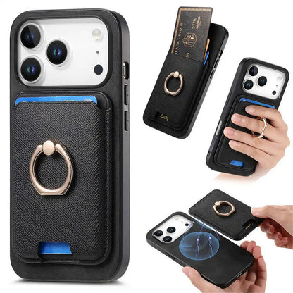Black phone case with ring holder and magnetic card slots, shown from multiple angles.